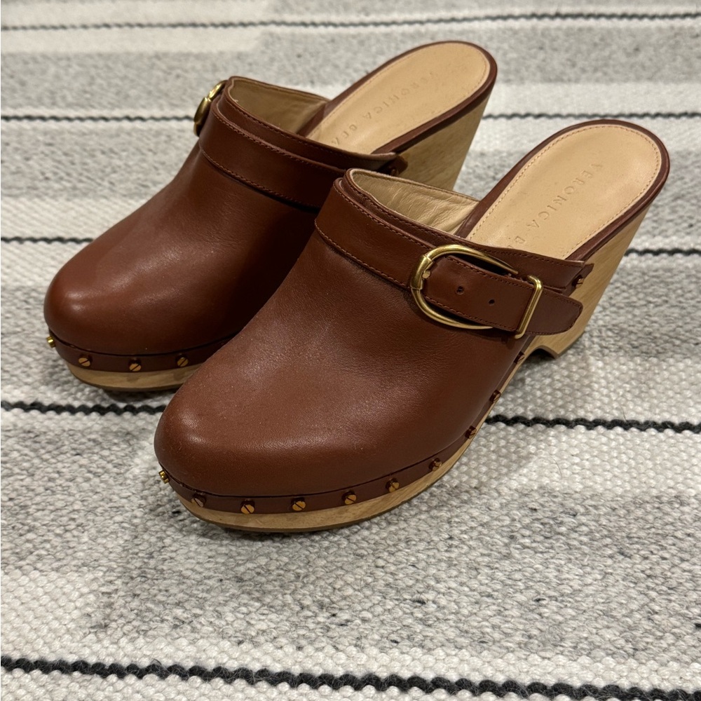 Brown Leather Wedge Clogs by Veronica Beard